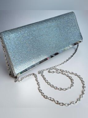 Silver Rhinestone Evening Clutch Bag with Chain Strap Glam Formal Purse